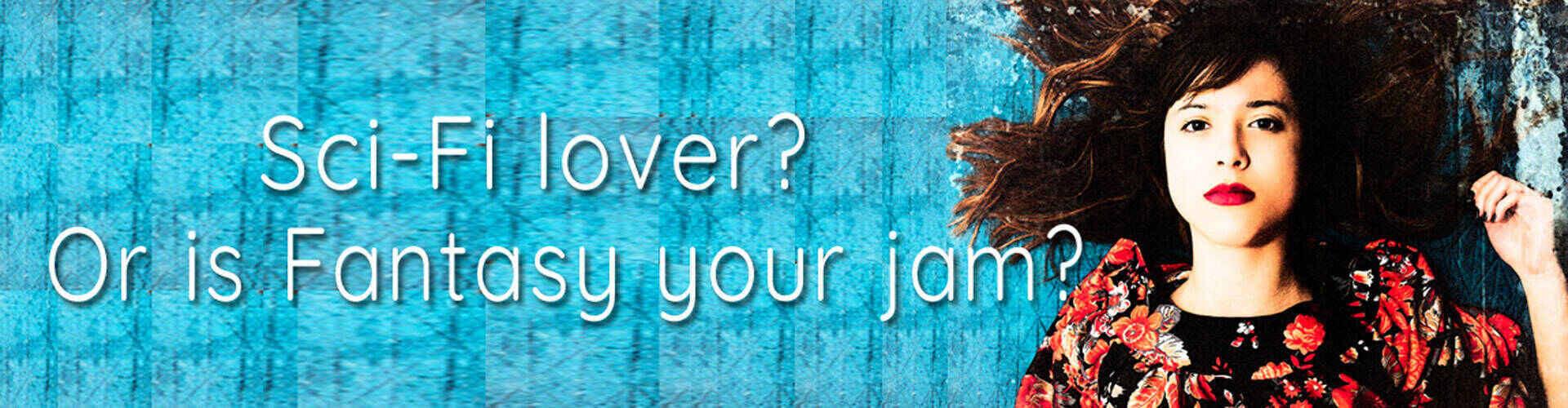 a girl with dark hair spread out against a blue background